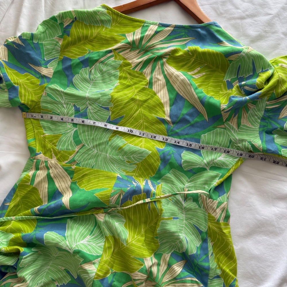 En Creme Tropical Palm Wrap Dress Green Blue Linen Large Mini Wedding Guest - Picture 12 of 12